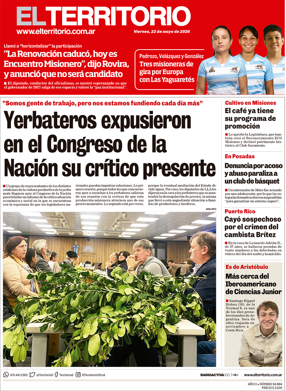 Tapa del diario El Territorio 22/05/2026