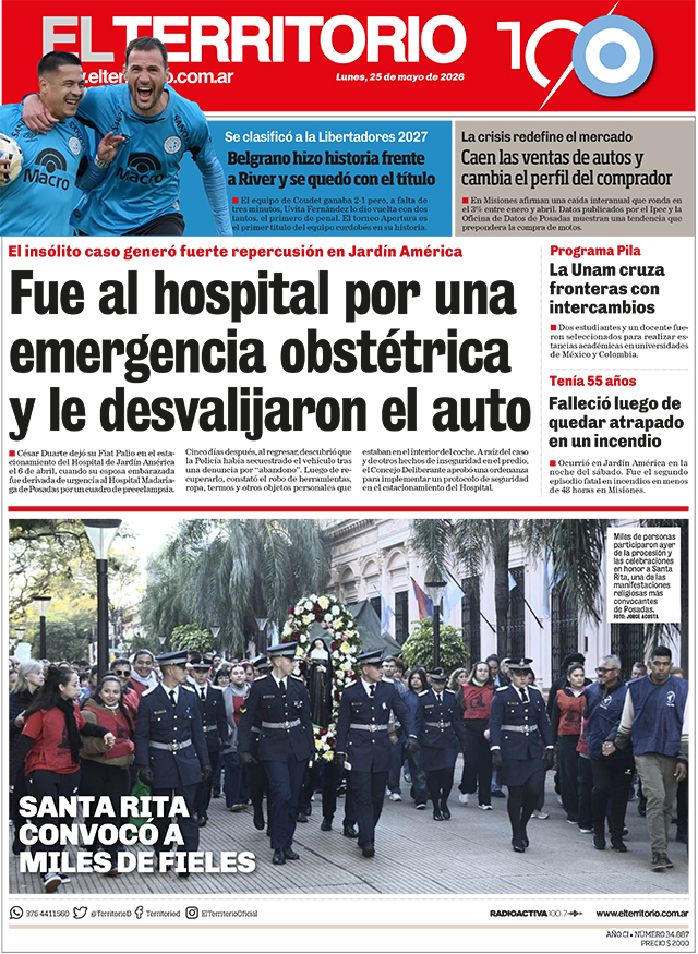 Tapa del diario El Territorio 25/05/2026