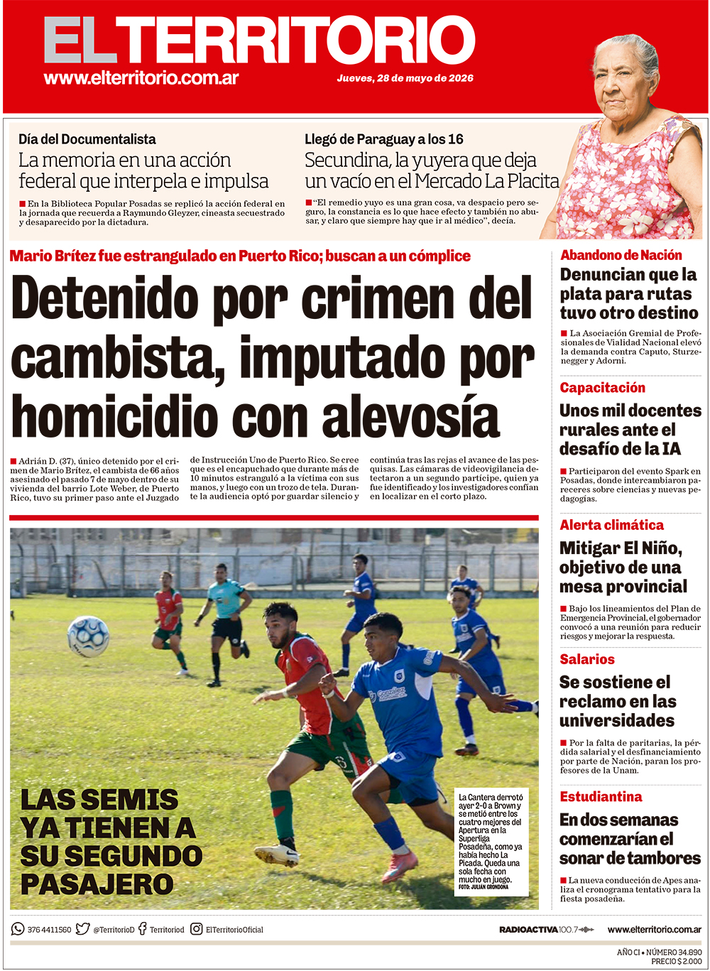 Tapa del diario El Territorio 28/05/2026