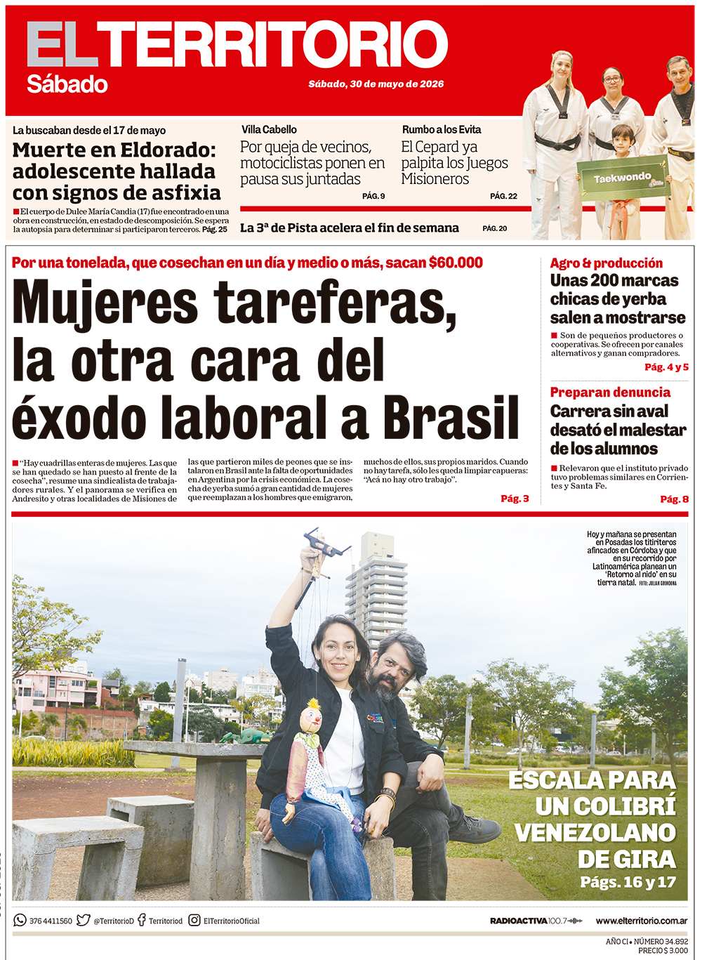 Tapa del diario El Territorio 30/05/2026