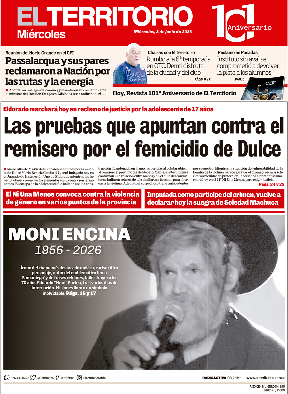 Tapa del diario El Territorio 03/06/2026