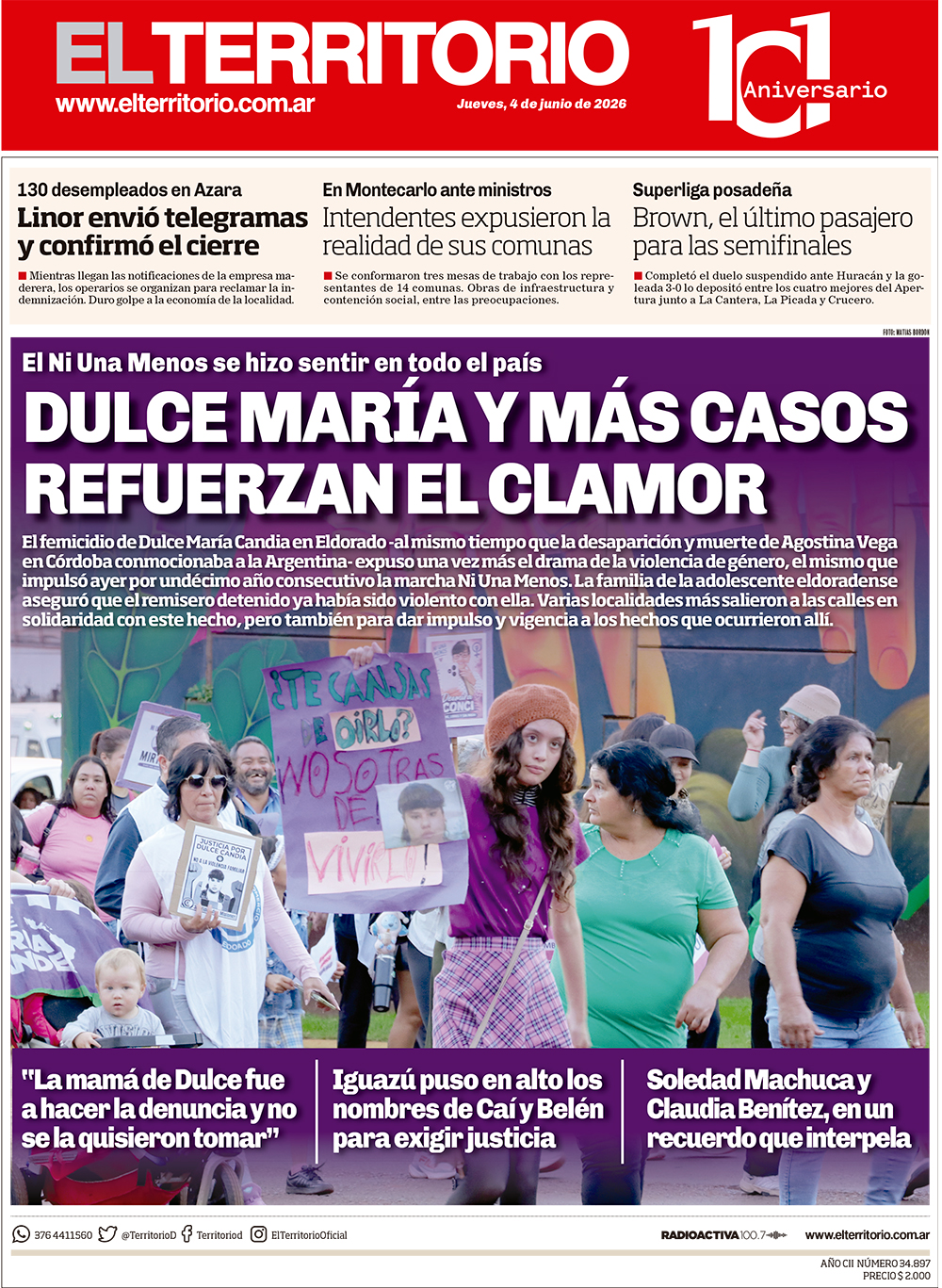 Tapa del diario El Territorio 04/06/2026