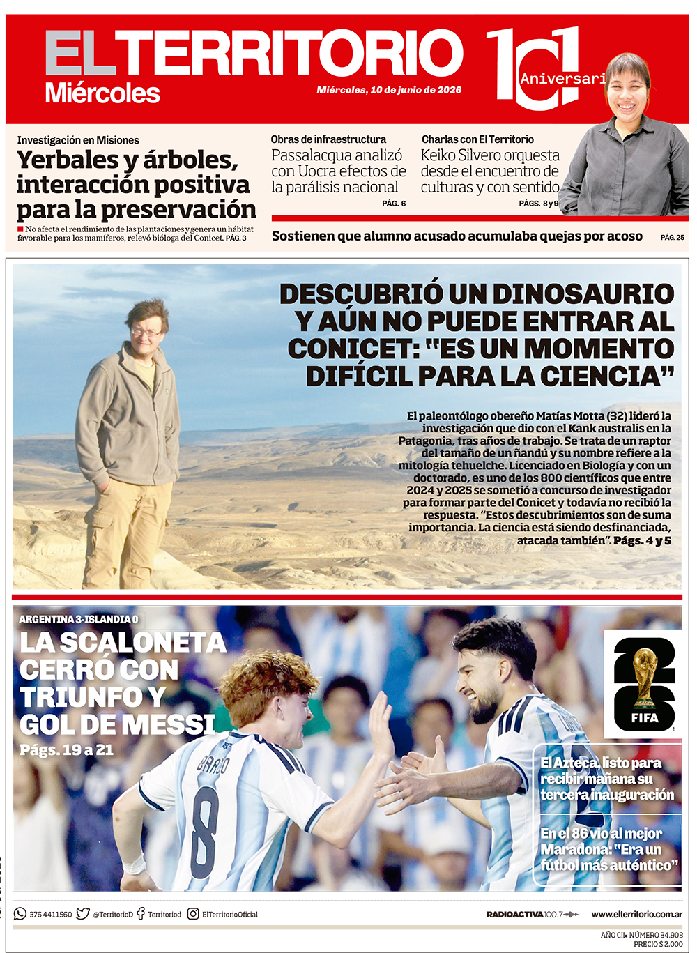 Tapa del diario El Territorio 10/06/2026