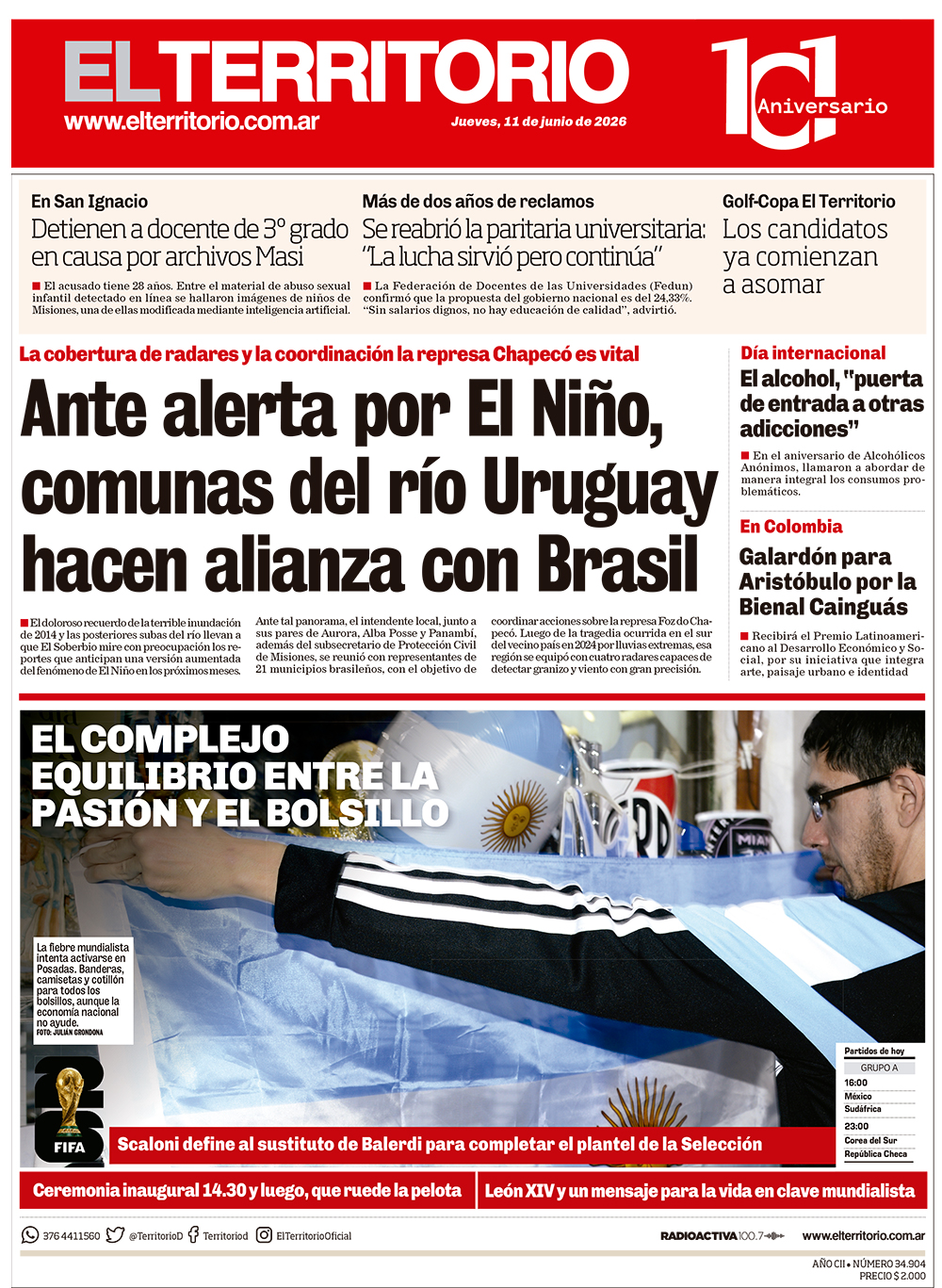 Tapa del diario El Territorio 11/06/2026