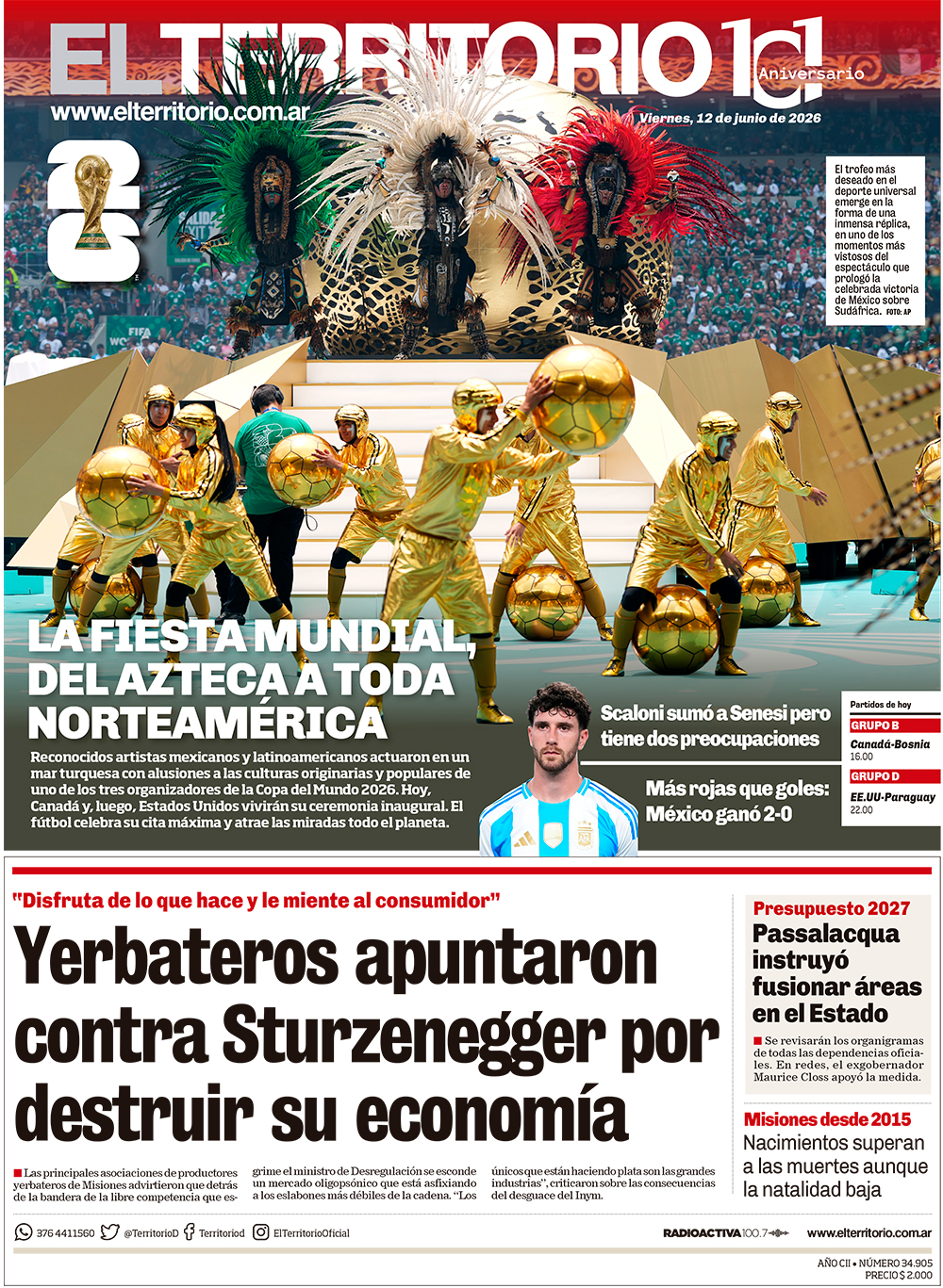 Tapa del diario El Territorio 12/06/2026