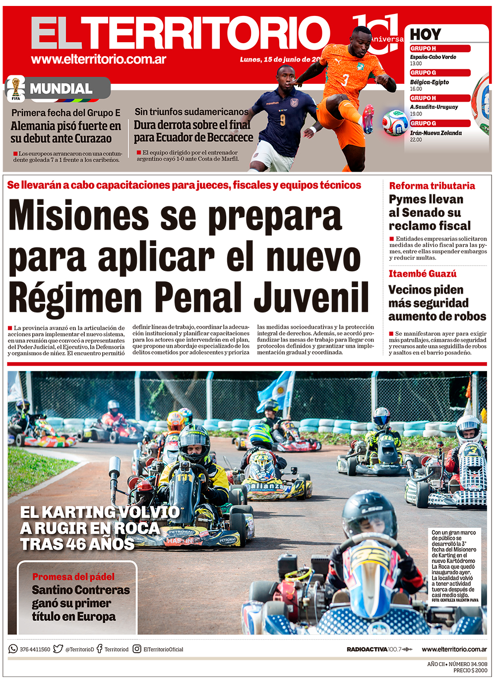 Tapa del diario El Territorio 15/06/2026