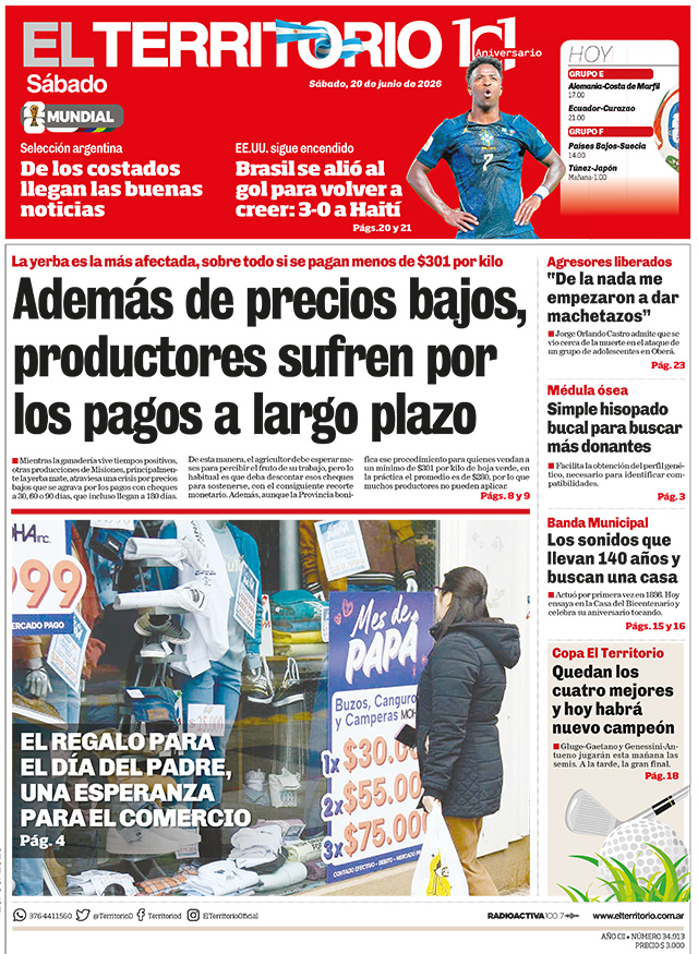 Tapa del diario El Territorio 20/06/2026