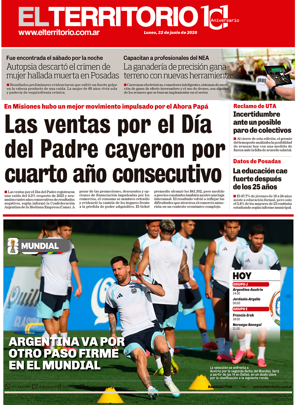 Tapa del diario El Territorio 22/06/2026