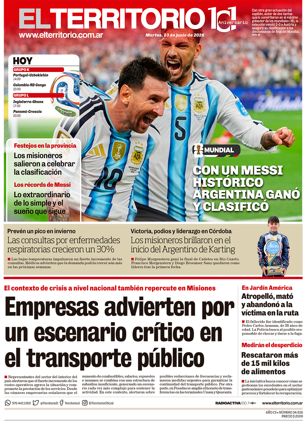 Tapa del diario El Territorio 23/06/2026