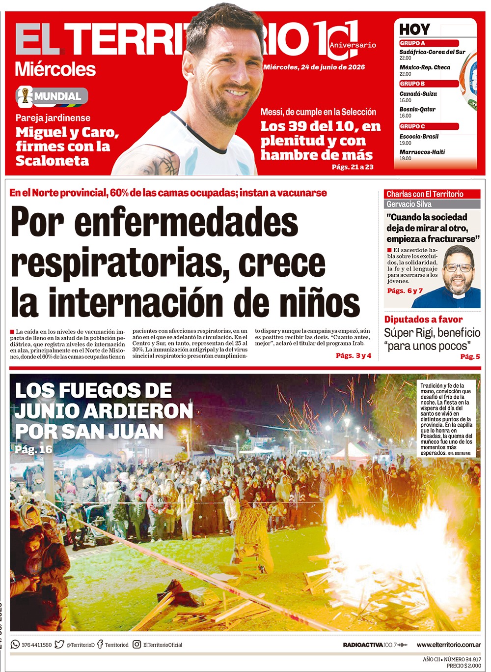 Tapa del diario El Territorio 24/06/2026