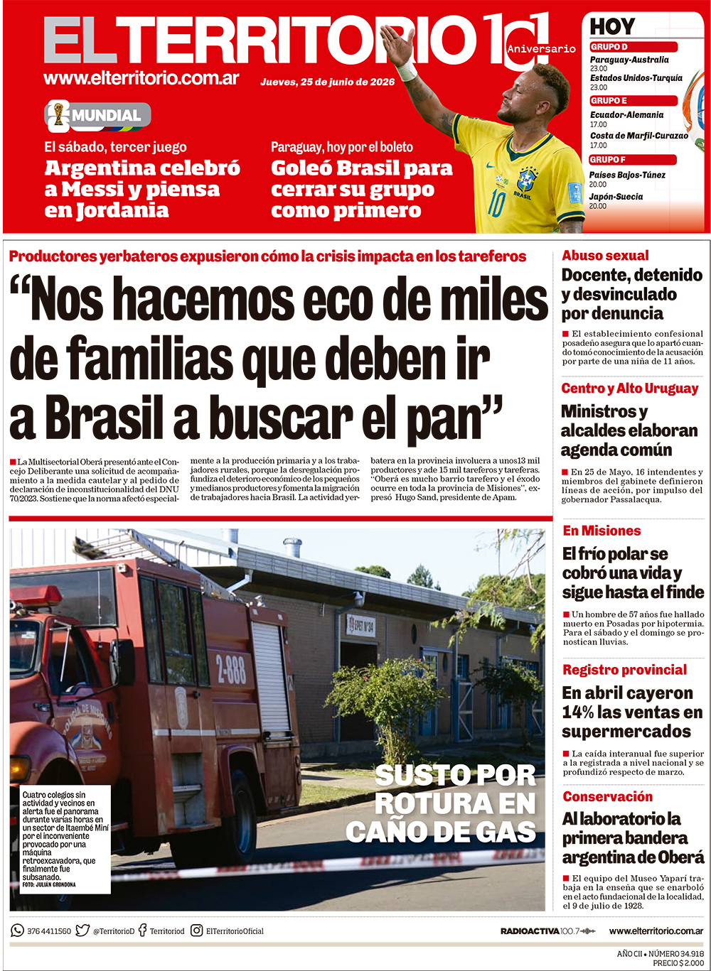 Tapa del diario El Territorio 25/06/2026