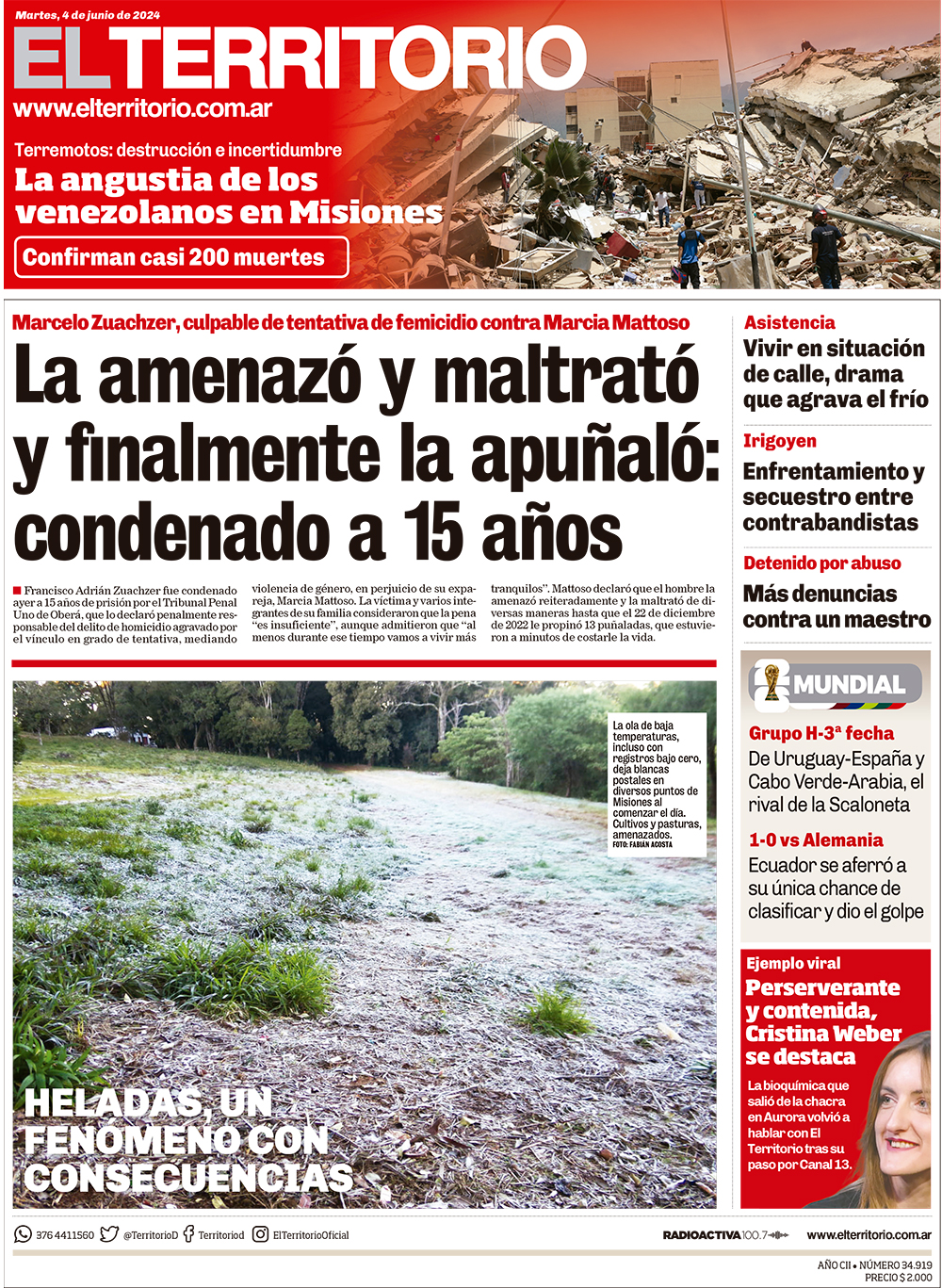 Tapa del diario El Territorio 26/06/2026