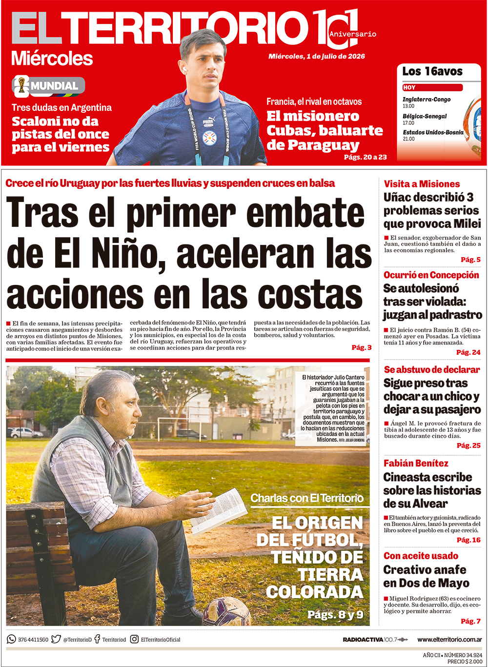 Tapa del diario El Territorio 01/07/2026