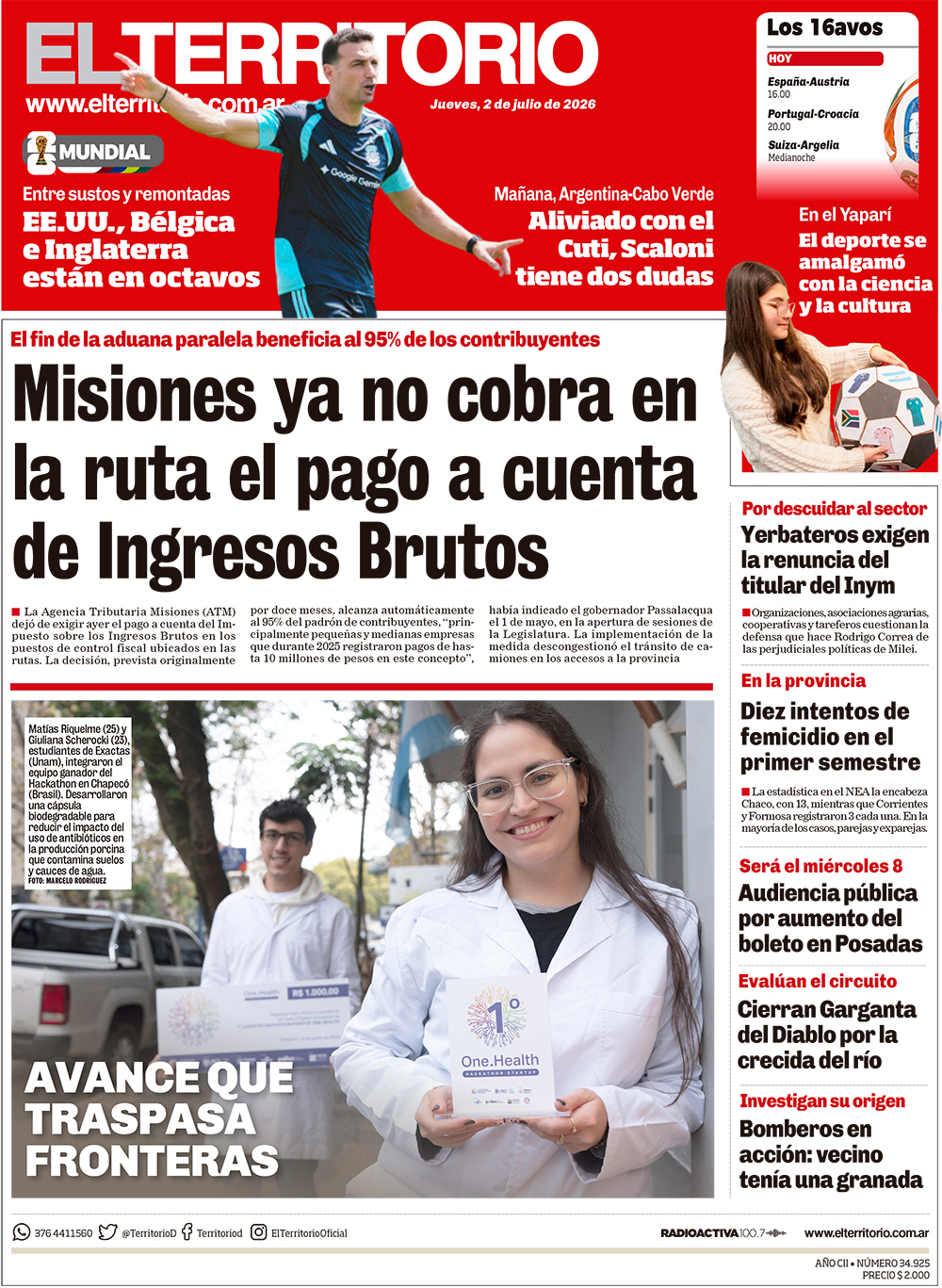 Tapa del diario El Territorio 02/07/2026