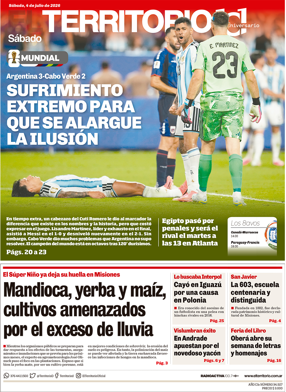 Tapa del diario El Territorio 04/07/2026
