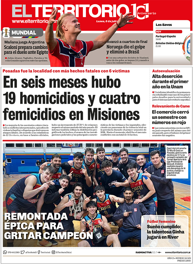 Tapa del diario El Territorio 06/07/2026