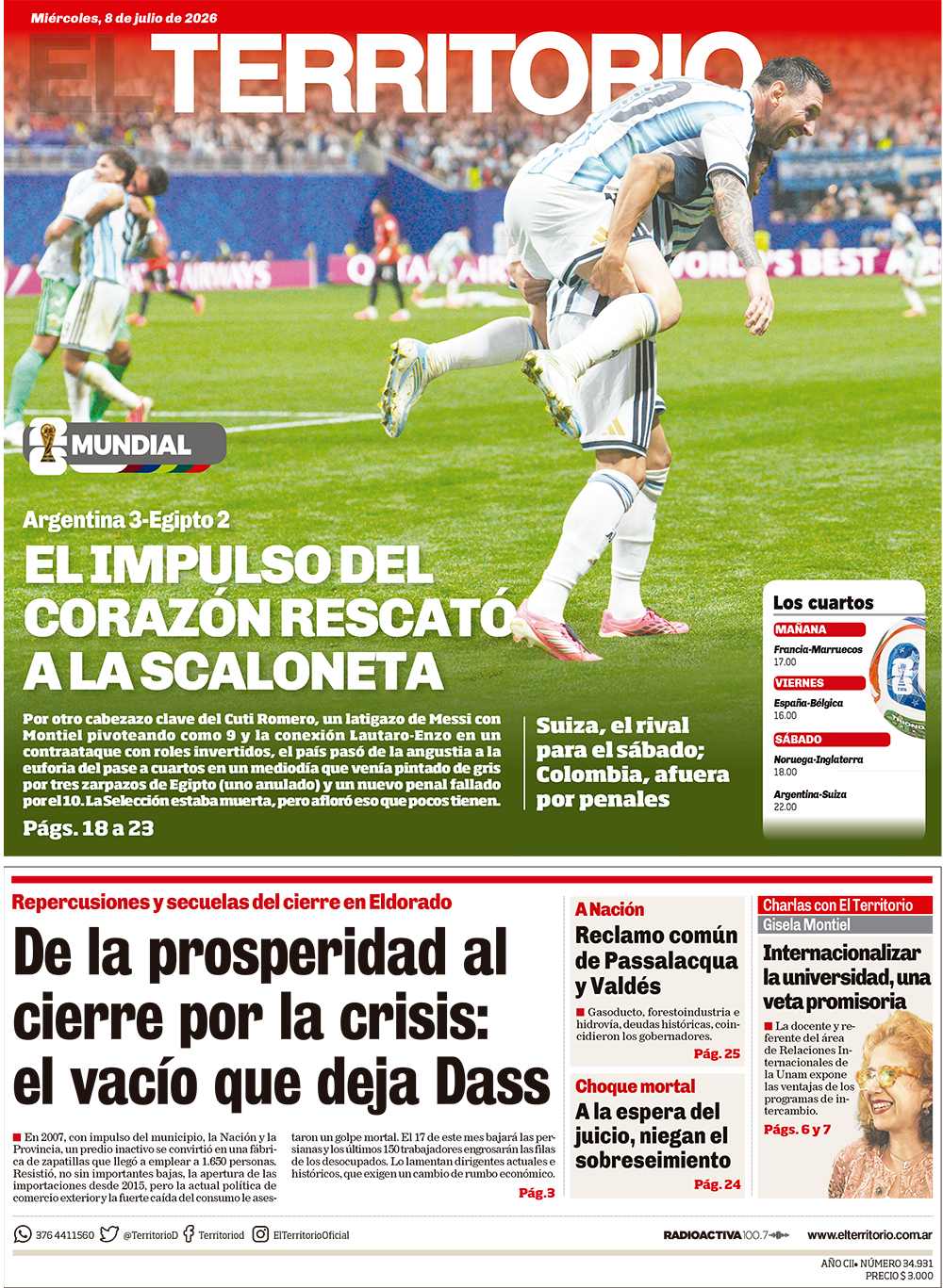 Tapa del diario El Territorio 08/07/2026