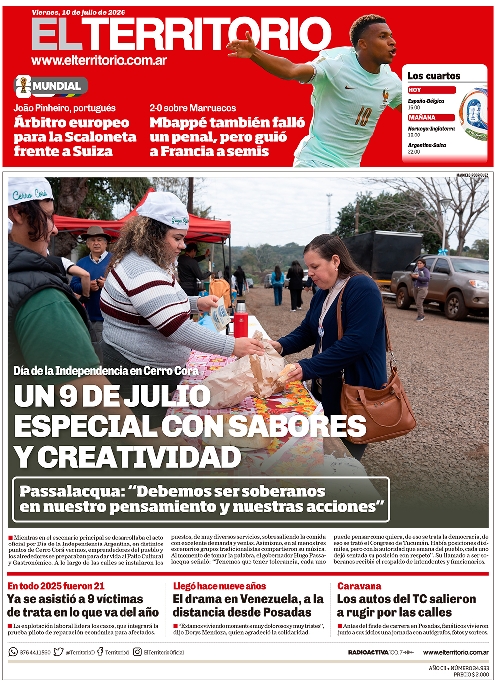 Tapa del diario El Territorio 10/07/2026