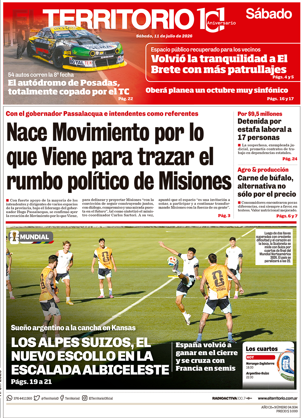 Tapa del diario El Territorio 11/07/2026