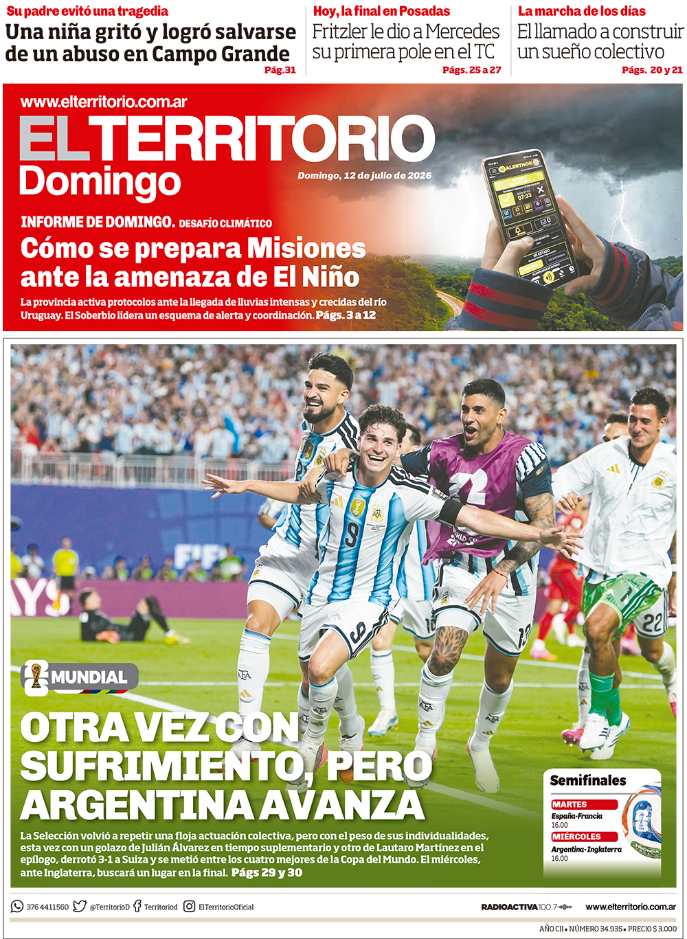 Tapa del diario El Territorio 12/07/2026