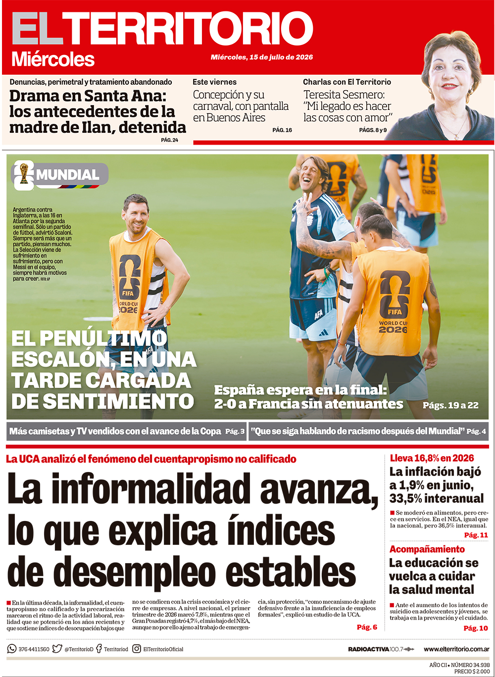 Tapa del diario El Territorio 15/07/2026