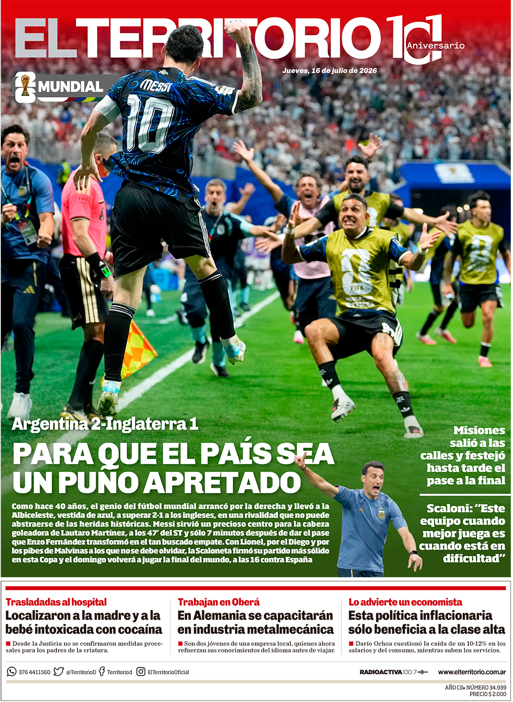 Tapa del diario El Territorio 16/07/2026