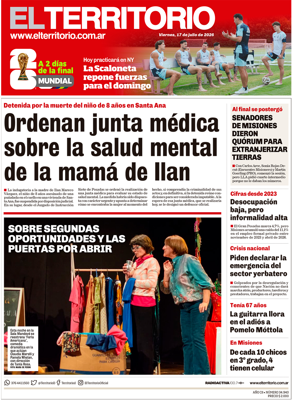 Tapa del diario El Territorio 17/07/2026