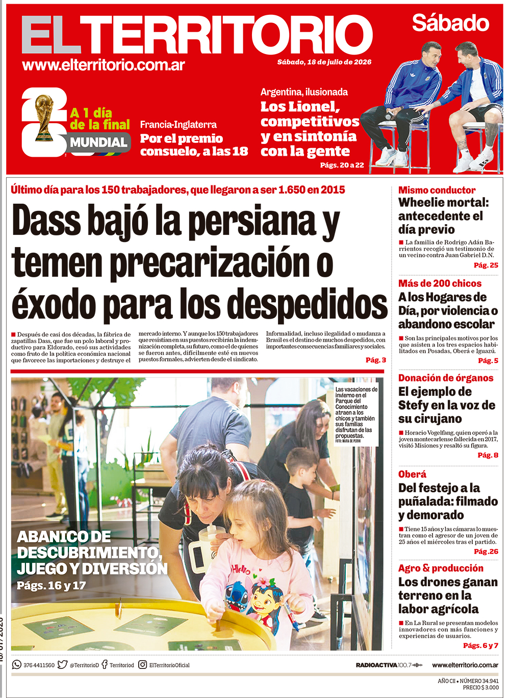 Tapa del diario El Territorio 18/07/2026