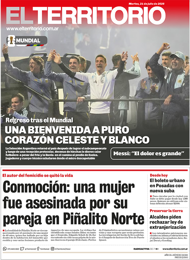 Tapa del diario El Territorio 21/07/2026