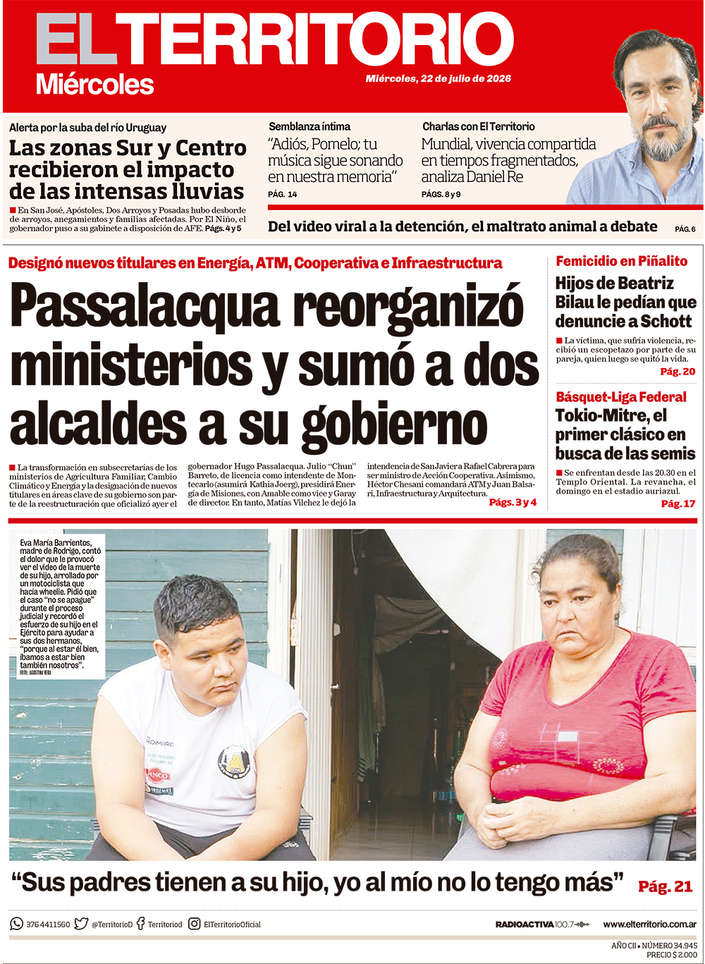 Tapa del diario El Territorio 22/07/2026