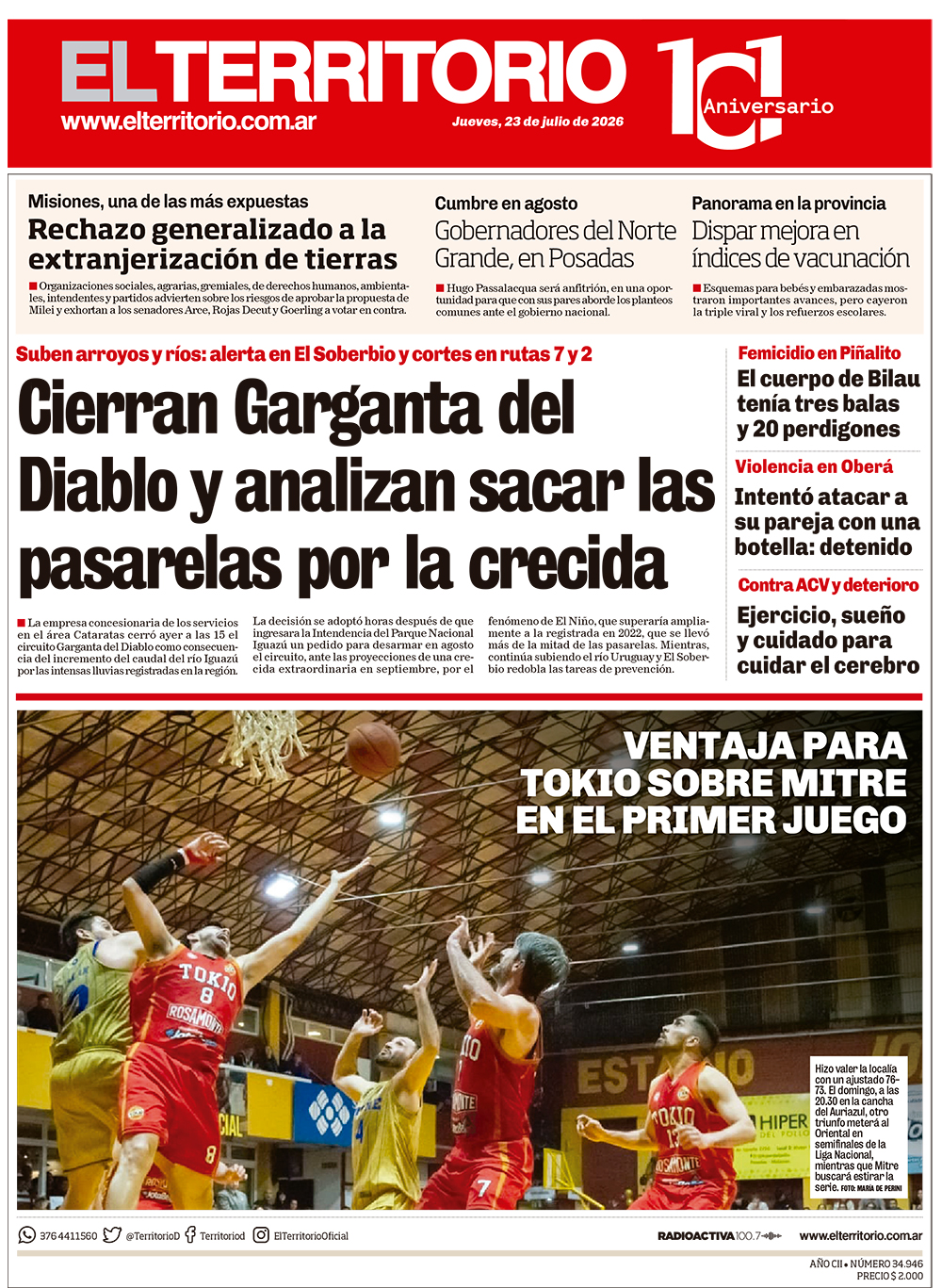 Tapa del diario El Territorio 23/07/2026