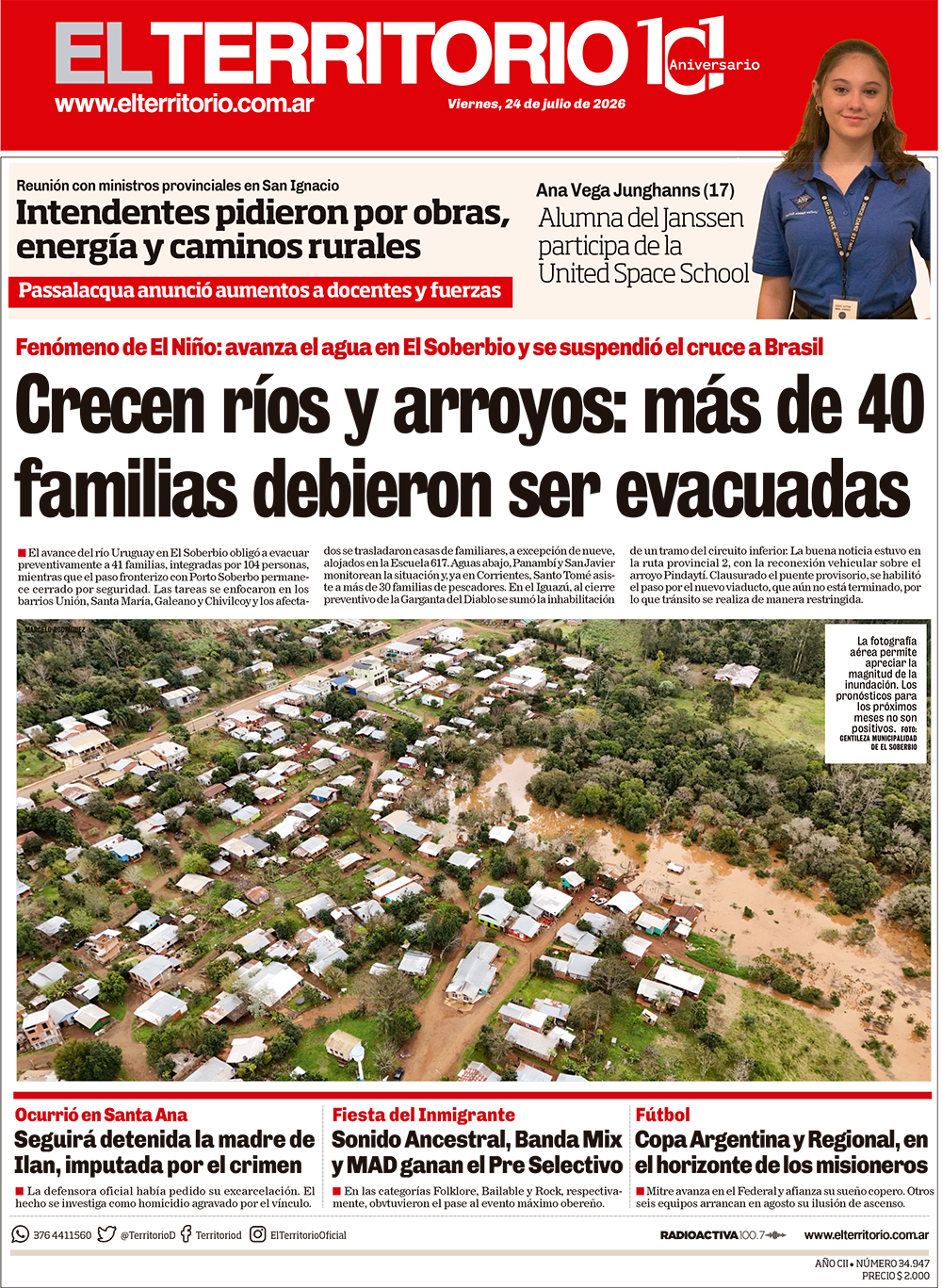 Tapa del diario El Territorio 24/07/2026
