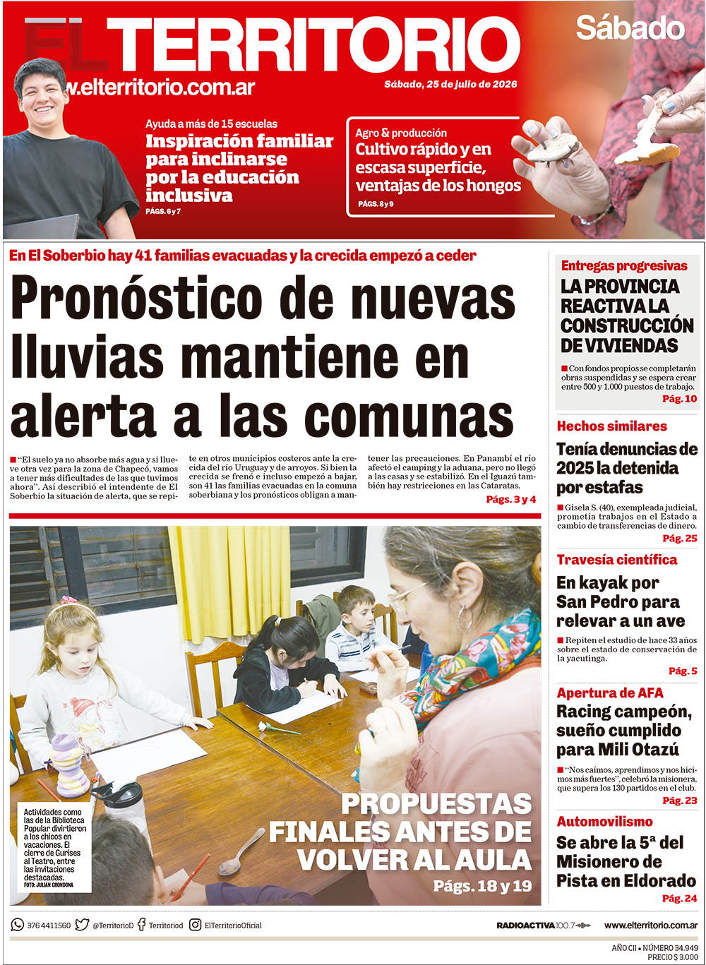 Tapa del diario El Territorio 25/07/2026