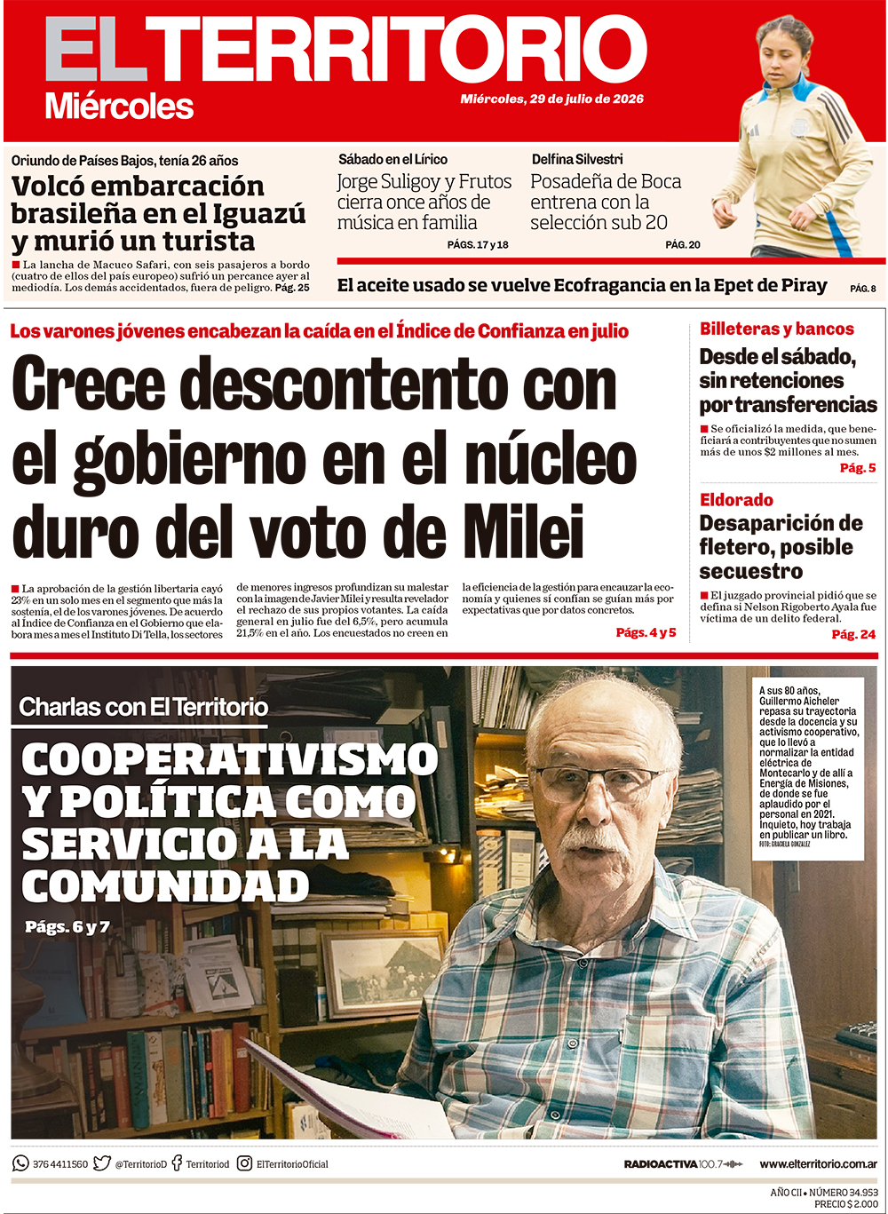 Tapa del diario El Territorio 29/07/2026