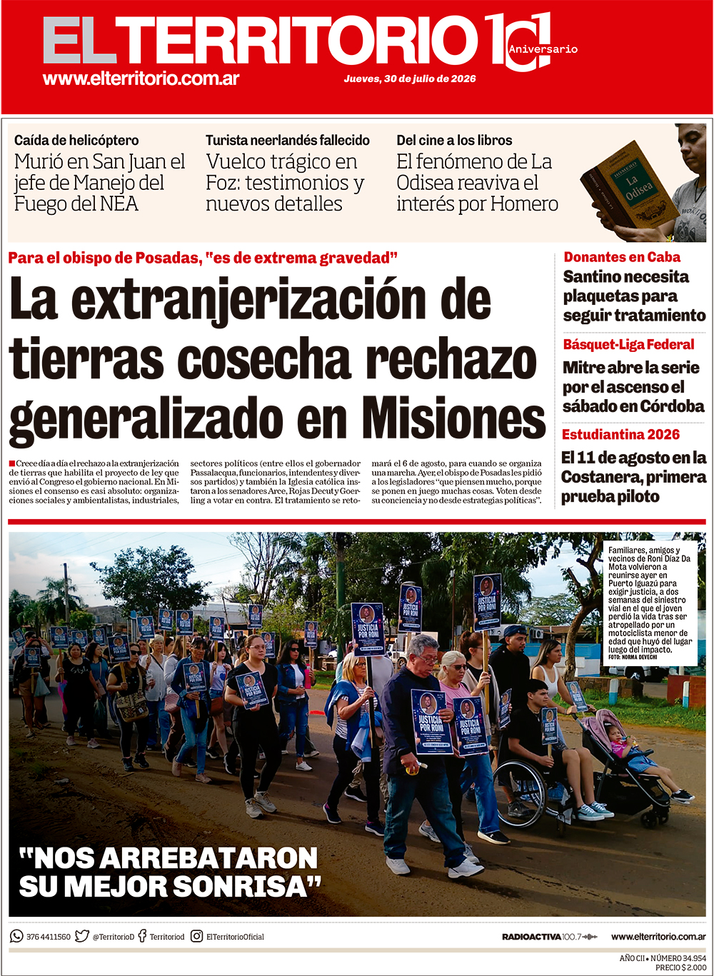 Tapa del diario El Territorio 30/07/2026