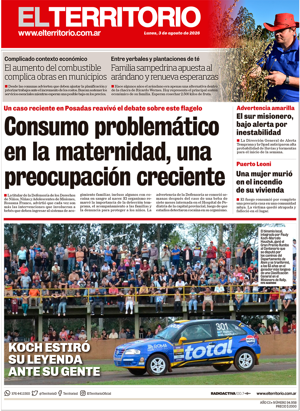 Tapa del diario El Territorio 03/08/2026