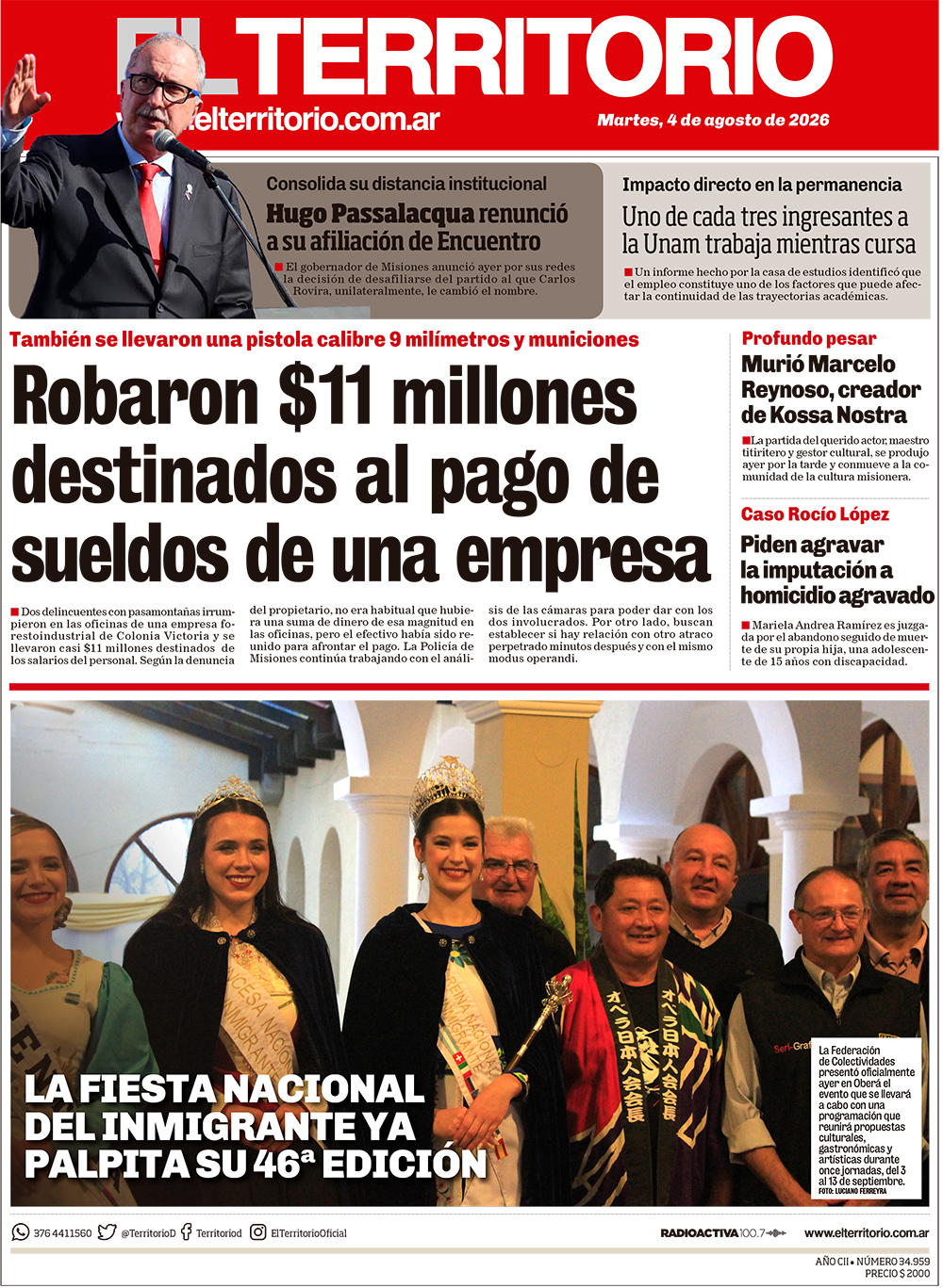 Tapa del diario El Territorio 04/08/2026