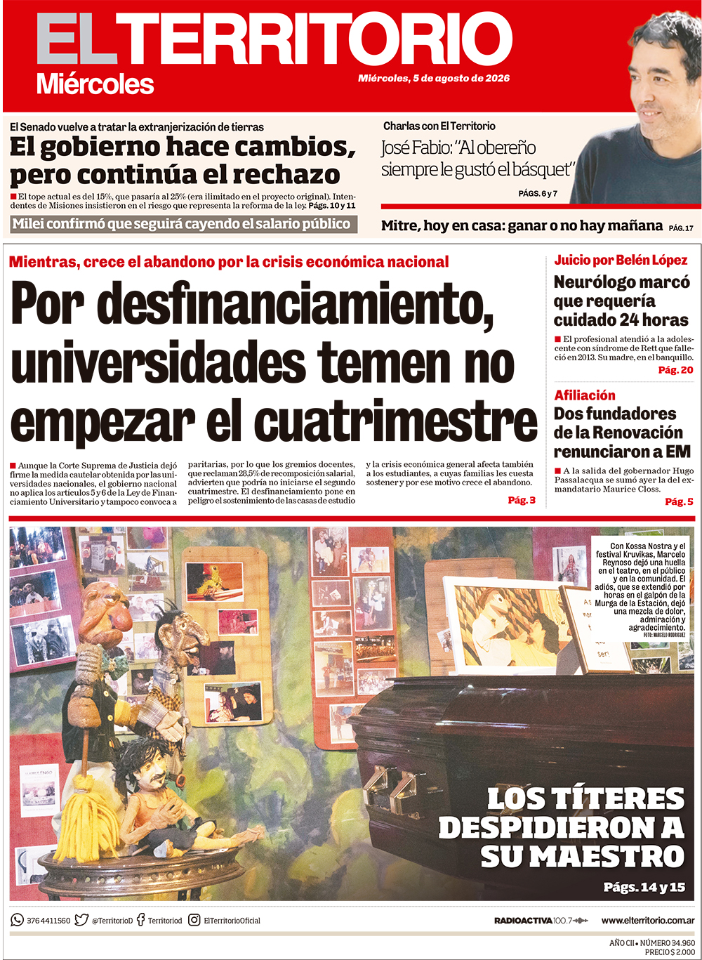 Tapa del diario El Territorio 05/08/2026