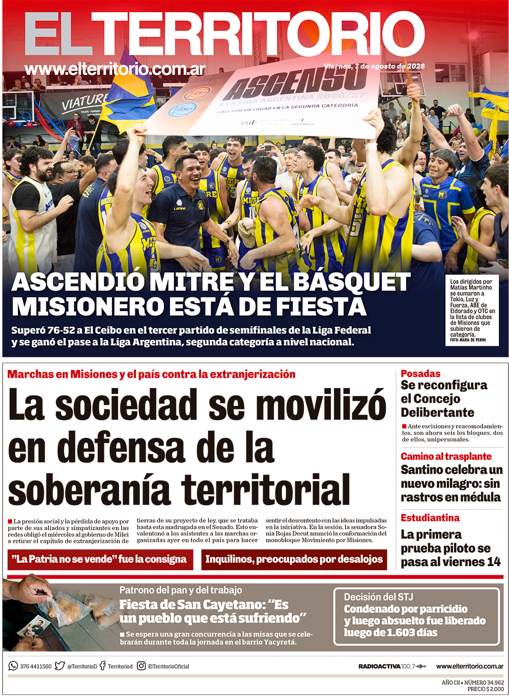 Tapa del diario El Territorio 07/08/2026