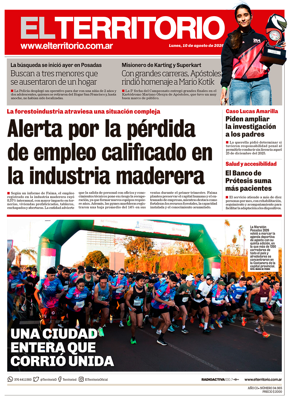 Tapa del diario El Territorio 10/08/2026