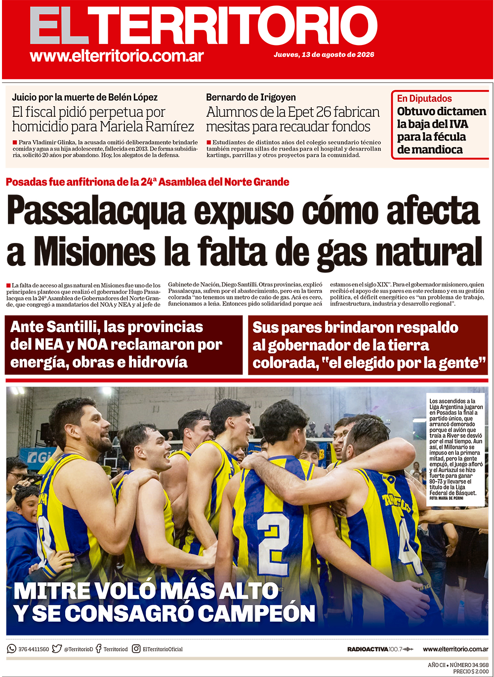 Tapa del diario El Territorio 13/08/2026