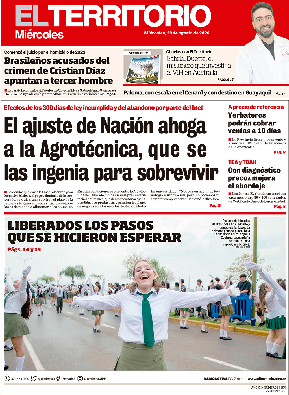 Tapa del diario El Territorio 19/08/2026
