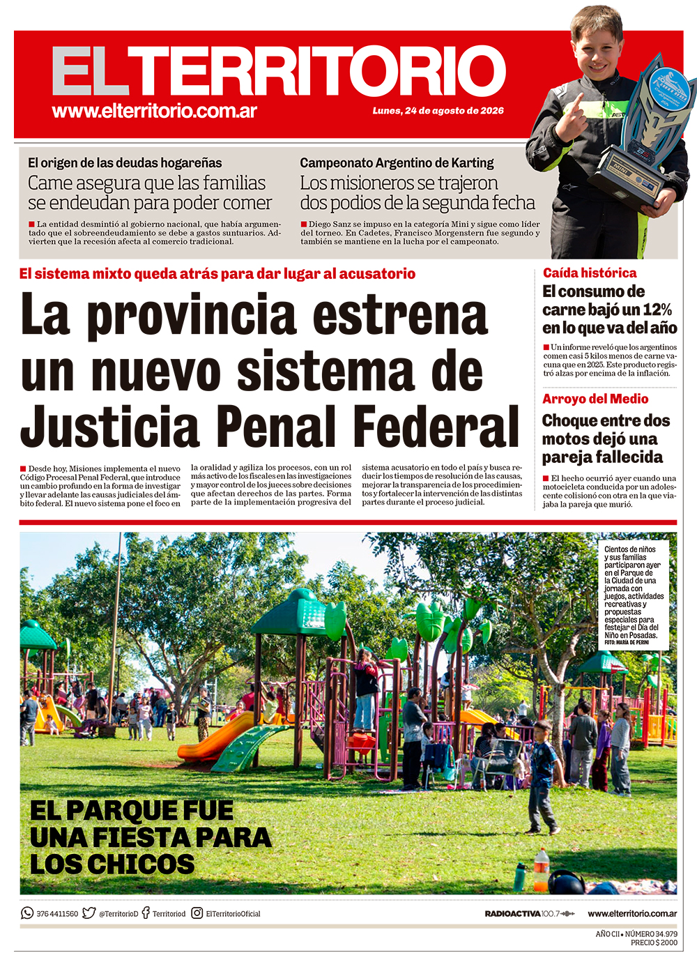Tapa del diario El Territorio 24/08/2026