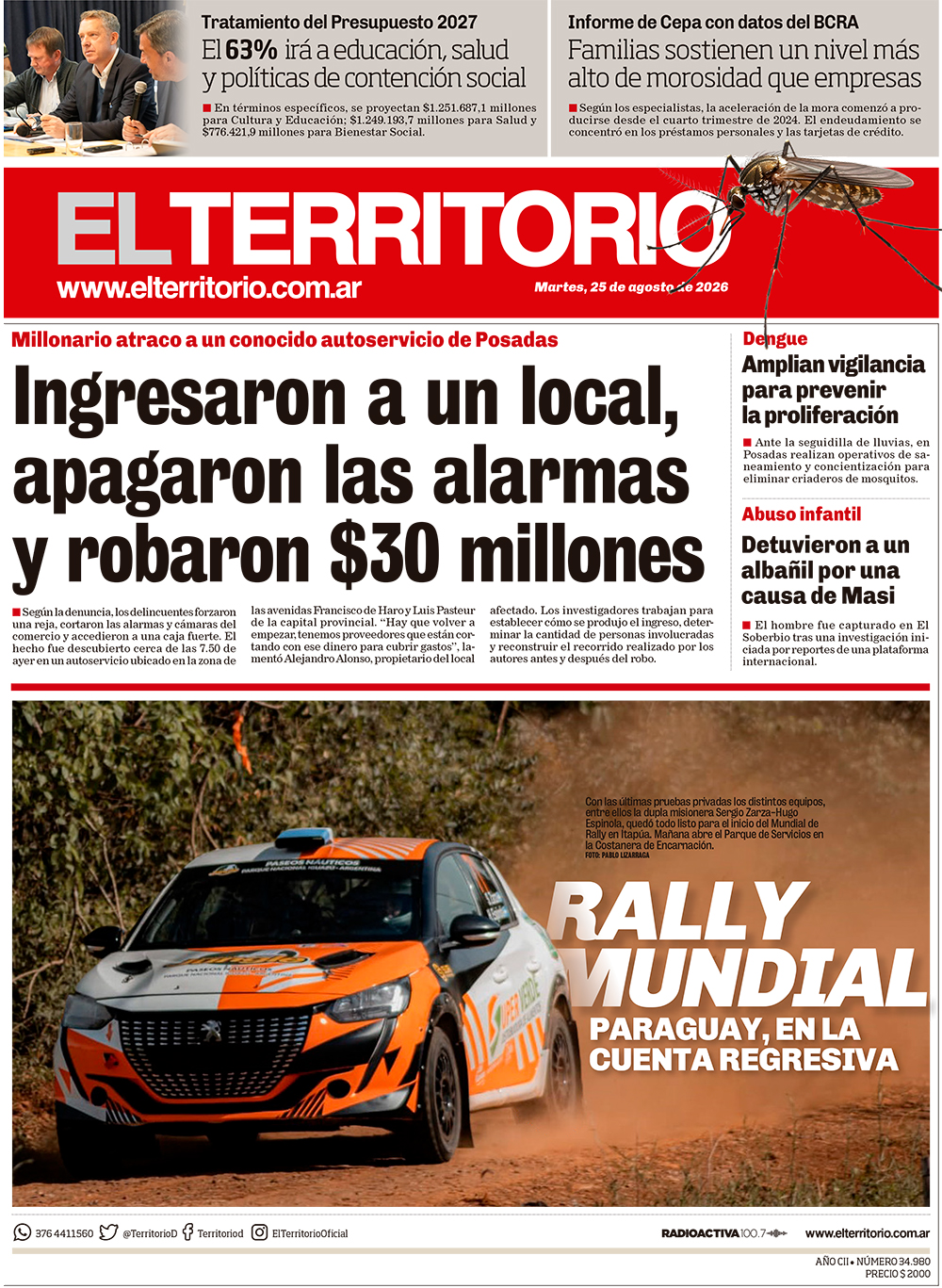 Tapa del diario El Territorio 25/08/2026