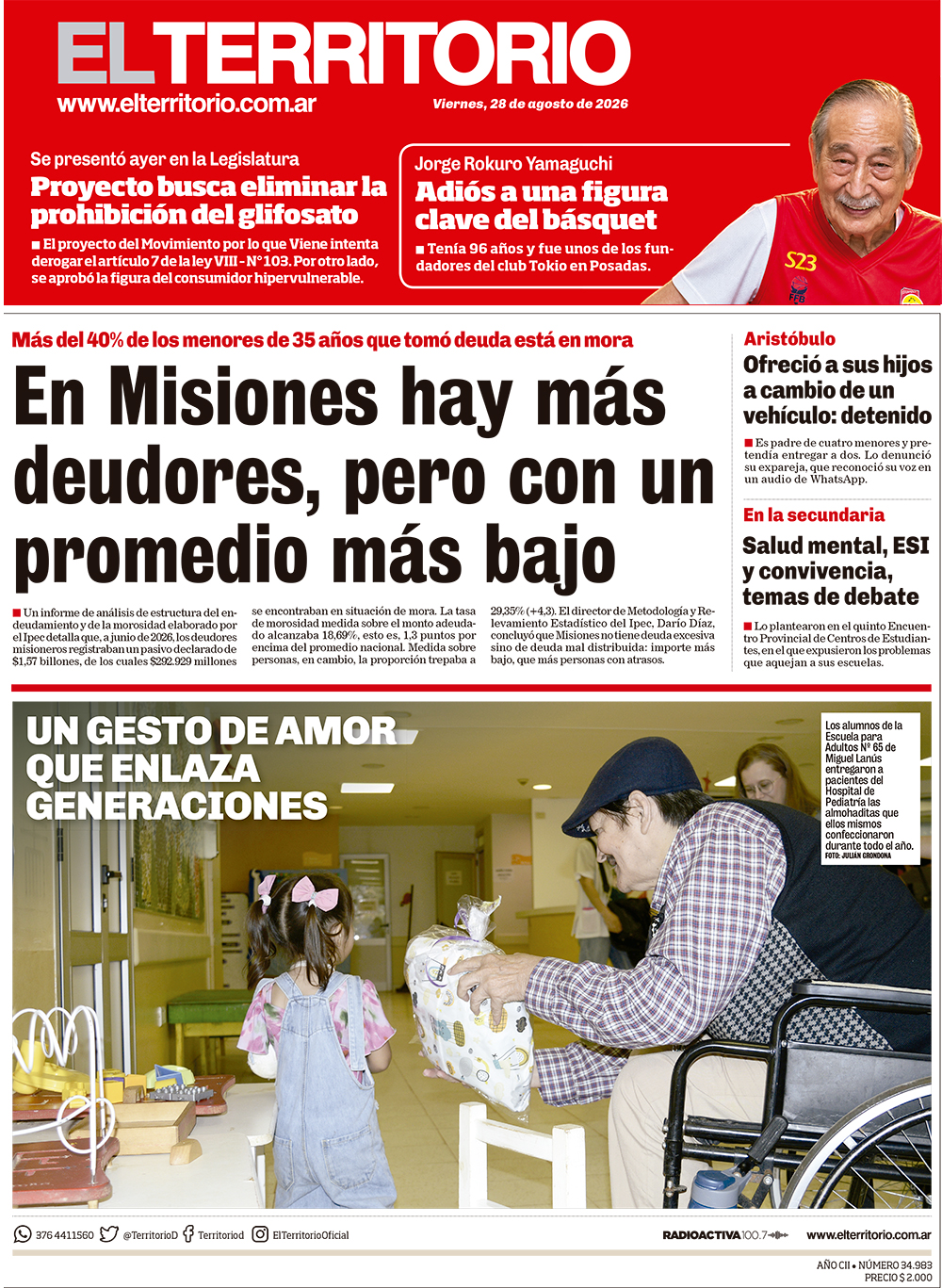 Tapa del diario El Territorio 28/08/2026