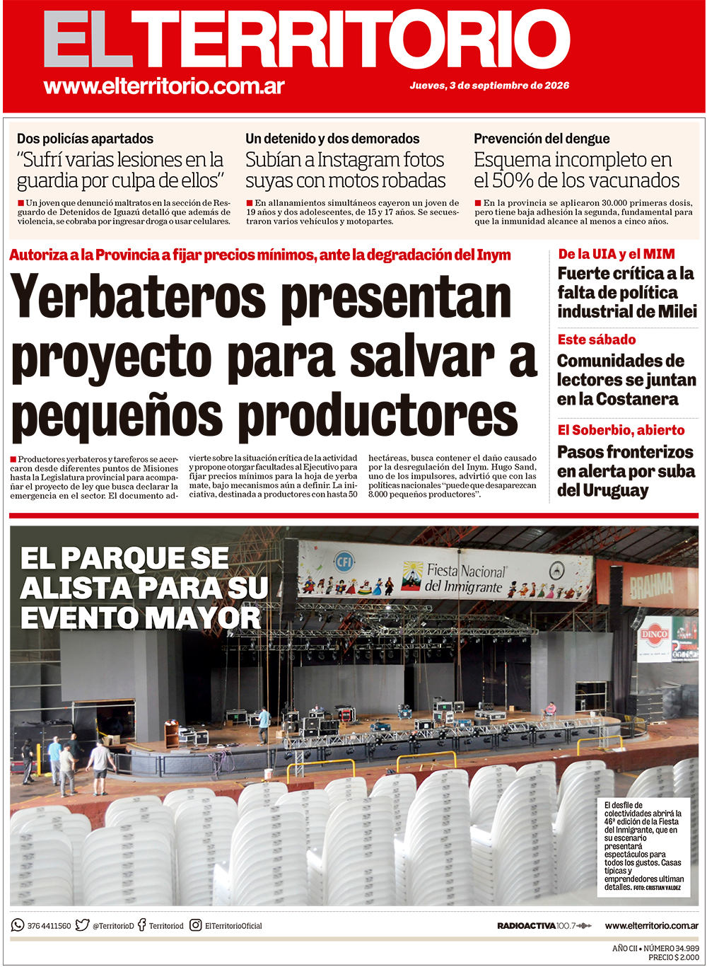 Tapa del diario El Territorio 03/09/2026