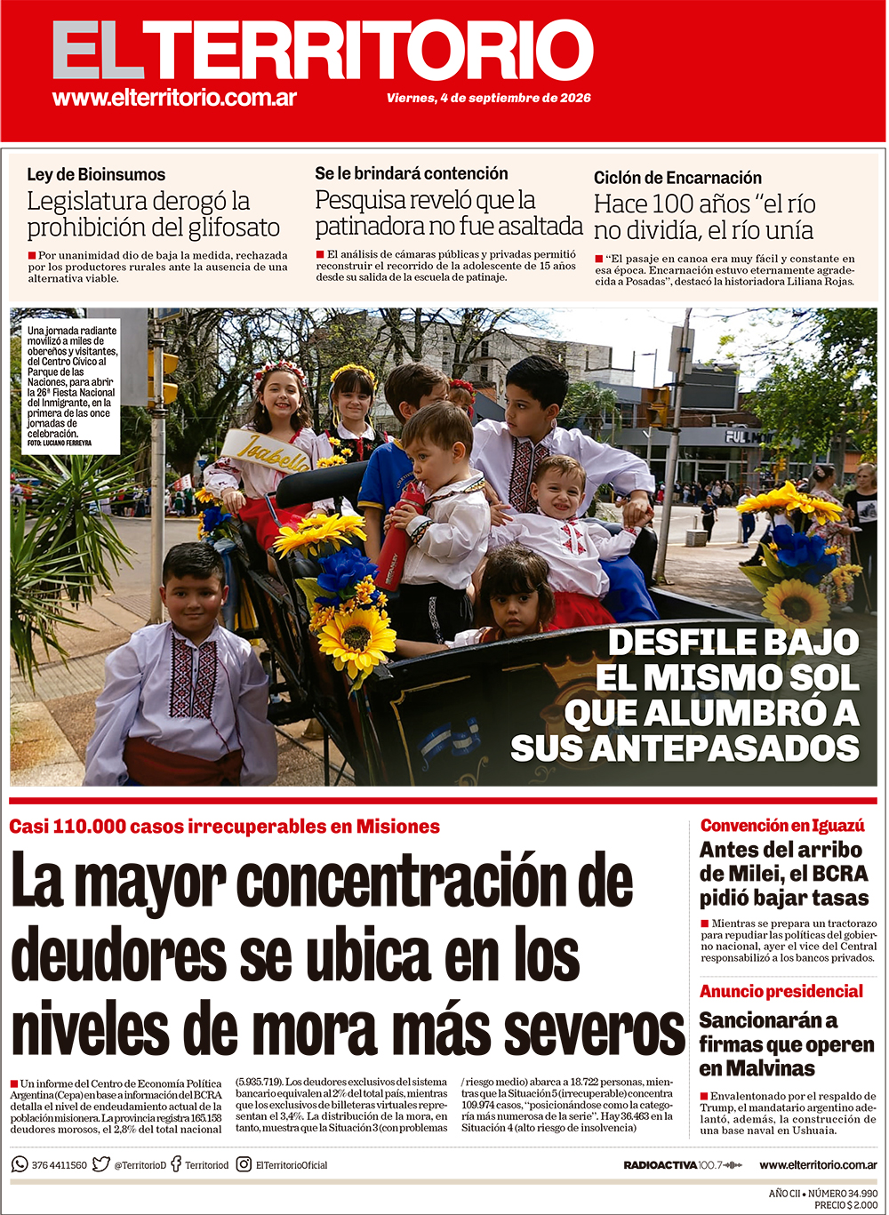 Tapa del diario El Territorio 04/09/2026