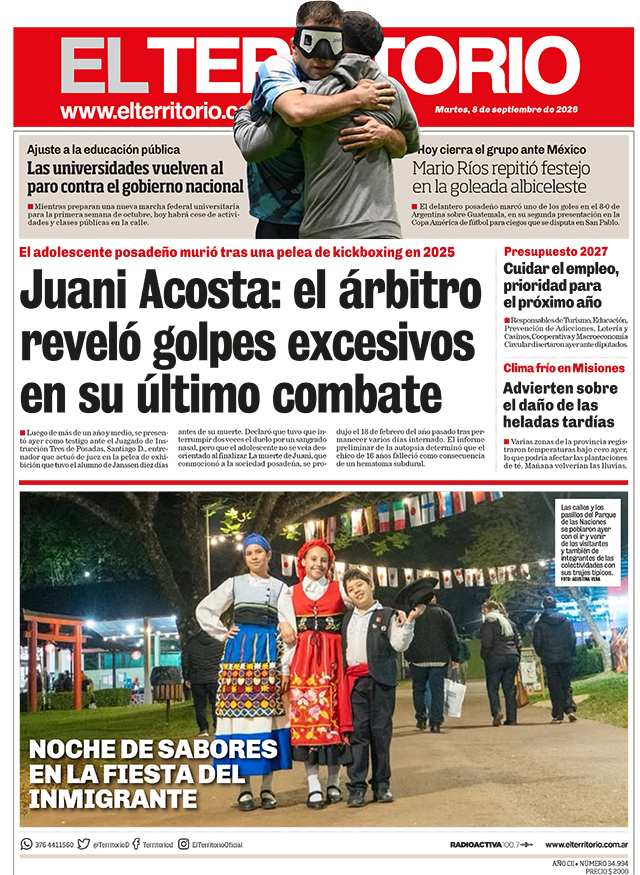 Tapa del diario El Territorio 08/09/2026