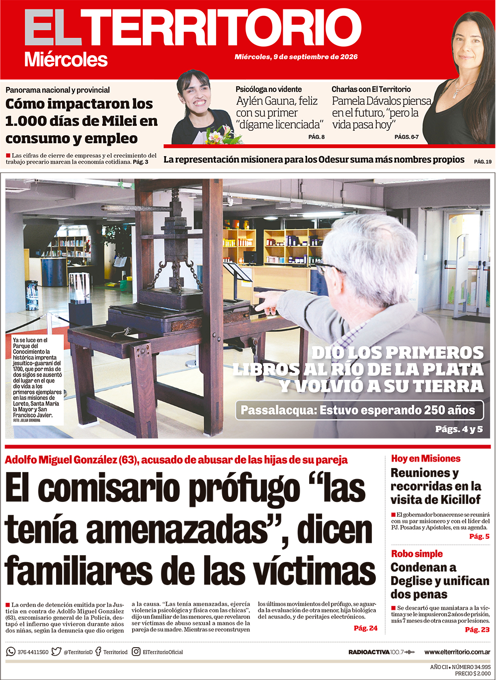 Tapa del diario El Territorio 09/09/2026