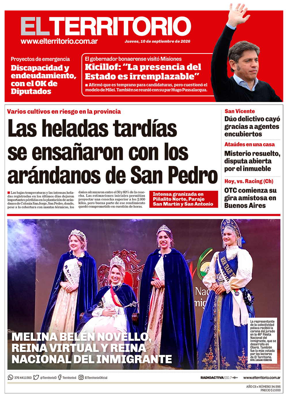 Tapa del diario El Territorio 10/09/2026